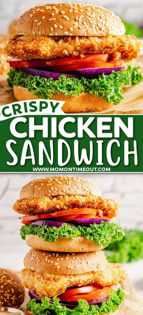 This amazing Crispy Chicken Sandwich is easy enough for a weeknight dinner and so tasty you won’t ever need to hit the drive-thru again! Extra crispy with delicious seasonings, this recipe comes together in about 15 minutes! // Mom On Timeout Diy Chicken Burgers, Diy Chicken Sandwich, Tandoori Chicken Burger, Chicken Crispy Burger, Homemade Crispy Chicken Sandwich, Homemade Chicken Burgers Recipes, Healthy Crispy Chicken Sandwich, Breaded Chicken Burger Recipe, Chicken Breast Burger Recipe