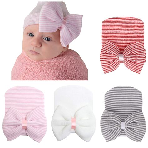 PRICES MAY VARY. Premium Fabric - AQOKKA newborn hats are made of knitted from authentic grade hospital cotton. The stretchy cotton fabric is very soft to touch, which can guarantee gentle and comfortable protection and warmth for your baby that won't scratch your baby's skin. Cute Design - Newborn hospital hat features a stylish striped pattern and they are adorned with a large bow on the hat. The exquisite design can create a lively atmosphere and emphasize your baby's cuteness. This hat provi Adjustable Soft Hat For Gifts, Adjustable Soft Hat As A Gift, Soft Adjustable Hat As A Gift, Cute Soft Hats For Gifts, Cute Soft Hats Perfect As Gifts, Color Nursery, Newborn Hospital Hats, Infant Hat, Toddler Beanie