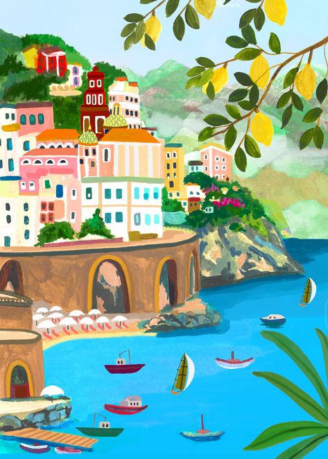 Amalfi Coast Print, Amalfi Coast Art, Amalfi Coast Illustration, Rhi James, Italy Illustration, City Canvas Art, Modern Industrial Decor, Mountain City, Colorful Mountains