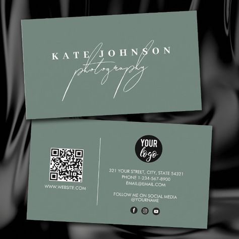 Sage Green Signature Script QR Code Social Media Business Card Psychologist Business Card, Architecture Business Cards, Qr Code Social Media, Media Business Card, Dental Business Cards, Cinematography Photography, Social Media Business Cards, Cute Business Cards, Buisness Cards