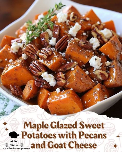 Food Recipes Around the World 🍕 | Maple Glazed Sweet Potatoes with Pecans and Goat Cheese | Facebook Maple Walnut Goat Cheese Roasted Sweet Potatoes, Maple Walnut Goat Cheese Sweet Potatoes, Sweet Potatoes With Goat Cheese, Walnut Maple Goat Cheese Roasted Sweet Potatoes, Sweet Potato And Goat Cheese, Sweet Potatoes With Pecans, Holiday Appetizers Thanksgiving, Maple Glazed Sweet Potatoes, Luscious Recipes