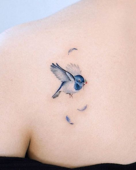 Phoenix Feather Tattoos, Feather Tattoo Colour, Feather Tattoo Meaning, Bluebird Tattoo, Tiny Bird Tattoos, Bird Tattoos For Women, Vogel Tattoo, Ribcage Tattoo, Bauch Tattoos