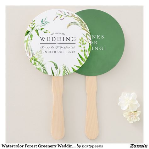 Watercolor Forest Greenery Wedding Favor Hand Fan Tropical Wedding Favor, Fan Wedding Favors, Summer Wedding Favors, Yellow Wedding Invitations, Fan Favors, Summer Wedding Diy, Tropical Wedding Inspiration, Hand Fans For Wedding, Wedding Program Fans