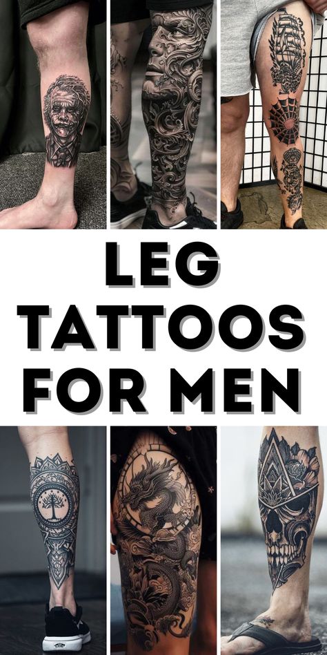 Leg Tattoos for Men: A Guide to Bold and Meaningful Ink Guy Leg Tattoos Men, Leg Tattoo Men Meaningful, Patchwork Tattoo Ideas Legs Men, Under Leg Tattoo, Top Leg Tattoo, Best Leg Tattoos Men's, Calf Tattoo Men Ideas Design, Thigh Tattoos For Guys, Men Ankle Tattoo