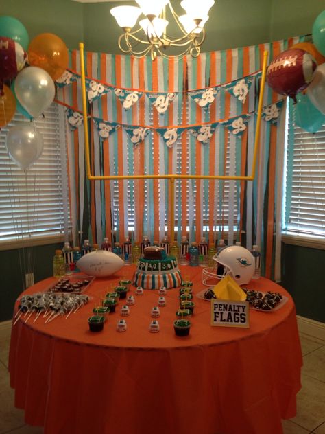 Miami Dolphins Birthday Party Miami Dolphin Birthday Party, Miami Dolphins Party Decorations, Miami Dolphins Party Ideas, Miami Dolphins Birthday Party, Miami Dolphins Party, Cupcakes Decoration Birthday, Miami Dolphins Cake, Dolphin Birthday Party, Rip Brother