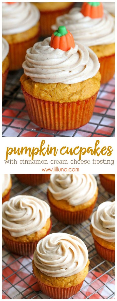 Delicious Pumpkin Cupcakes with Cinnamon Cream Cheese Frosting - the perfect… Pumpkin Cupcakes With Cinnamon Cream, Weight Watcher Desserts, Cinnamon Cream Cheese, Coconut Dessert, Brownie Desserts, Low Carb Dessert, Delicious Cream, Cinnamon Cream Cheese Frosting, Oreo Dessert