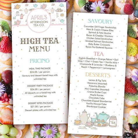 A fun and attractive high tea menu card with hand-drawn illustrations including a tea set pattern of tea pots, dessert plate of cupcakes, a cookie and cake along with cutlery and steaming tea and coffee. This is great for high tea cafes and restaurants, tea party menus, events and other tea-related business. A customizable high tea menu template. Aesthetic Menu Card, High Tea Menu Design, Tea Party Menu Template, High Tea Menu Ideas, Tea Menu Design, Restaurant Menu Card Design, Espresso Corner, High Tea Menu, Restaurant Menu Card