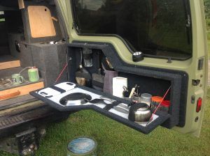 Storage compartment bespoke built to fit the rear of my Land Rover Discovery rear door containing my cooking equipment Land Rover Discovery 1 Offroad, Discovery 1 Offroad, Land Rover Discovery Off Road, Land Rover Defender Custom, Land Rover Pick Up, Landrover Camper, Land Rover Defender Interior, Land Rover Defender Camping, Land Rover Camping