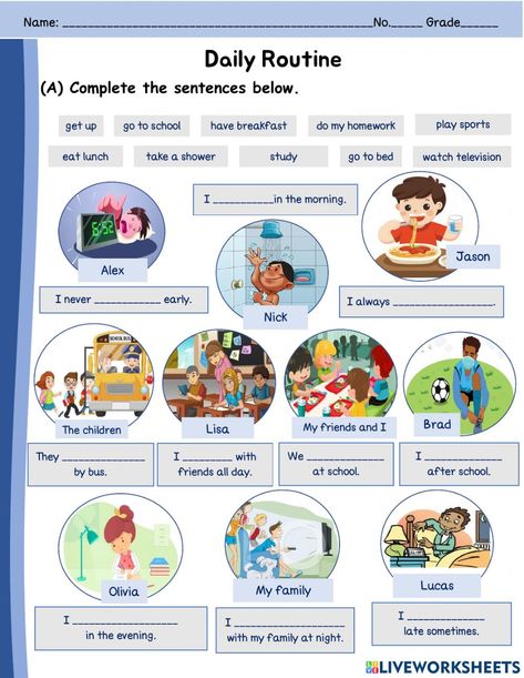 Daily routines interactive activity for 8. You can do the exercises online or download the worksheet as pdf. Daily Routine Worksheet For Kids, Daily Activities Worksheet, Daily Routine Worksheet, Daily Routine Activities, English Grammar For Kids, Free Time Activities, Kindergarten Phonics Worksheets, Grammar For Kids, English Teaching Materials