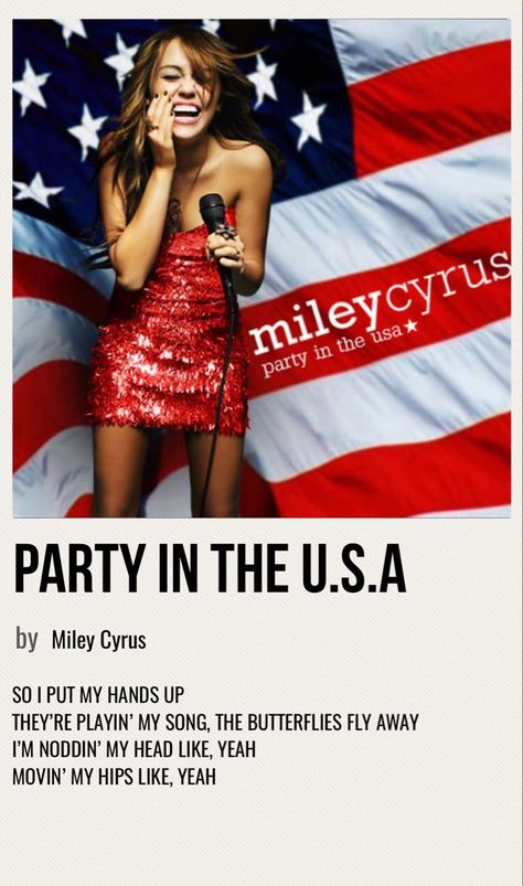 minimal poster of the song party in the u.s.a by miley cyrus Party In The Usa Lyrics, Miley Cyrus Party In The Usa, Party In The Usa Miley Cyrus, Party In The Usa Song, Female Duos, Winter Sleepover, Miley Cyrus Poster, Song Journal, Miley Cyrus Songs