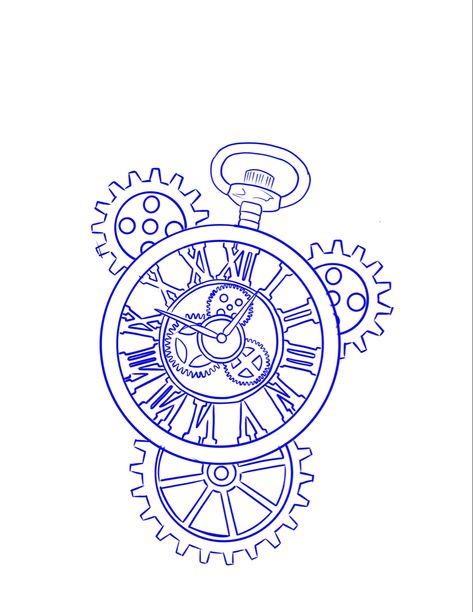 Clock Cogs Drawing, Steam Punk Clock Tattoo, Clock Face Drawing, Clock Gears Drawing, Cogs Drawing, Time Drawing Clock, Steampunk Clock Tattoo, Pocket Watch Outline, Gears Tattoo Design