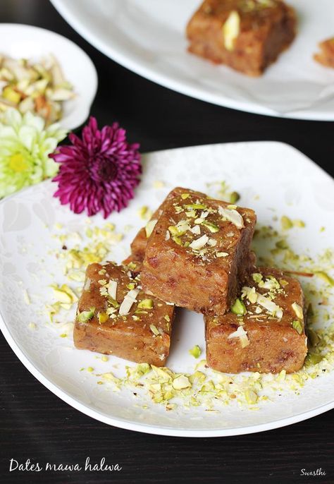 dates halwa recipe - rich, delicious halwa made with mawa and dates. Quick and easy sweet recipe to make for celebrations & occasions Dates Dessert, Diwali Sweets Recipe, Indian Pudding, Ramadan Desserts, 3 Ingredient Desserts, Burfi Recipe, Halwa Recipe, Dessert Recipes For Kids, Diwali Sweets