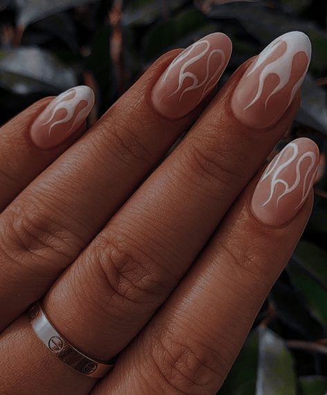 Nails For Gemini, September Nails Almond Shape, Soft White Nail Designs, Almond Nails With Flames, Fire Tip Nails, White Flame Nails Almond, Nails Acrylic Summer 2023, Almond Acrylic Nails Designs Classy, Arizona Nails Designs