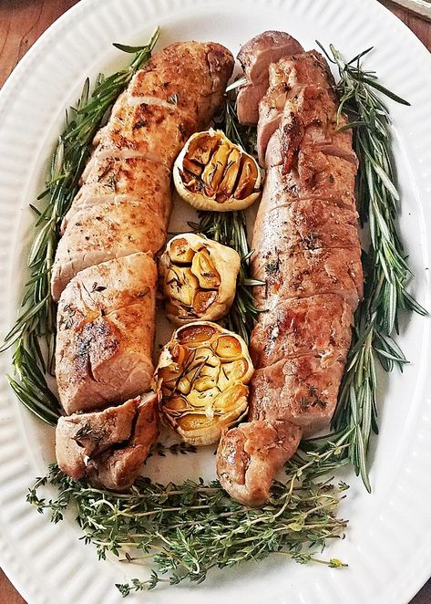 Roasted Pork Tenderloin with Whole Garlic and Rosemary - New England Today Garlic Herb Marinade, Pork Tenderloin In The Oven, Tenderloin In The Oven, Cook Pork Tenderloin, Meat Locker, Meat Sauces, Pull Pork, England Recipes, Herb Marinade