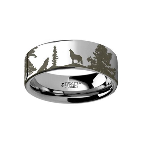 Animal Landscape Scene Wolf Wolves Ring Engraved Flat Tungsten Ring - 4mm - 12mm | Larson Jewelers Batman Wedding Rings, Wolf Wedding, Wedding Ring Men, Animal Landscape, Wolf Ring, Wolf Jewelry, Antique Engagement Ring, Titanium Wedding Band, Tungsten Carbide Rings