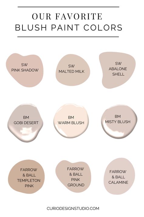 FAVORITE BLUSH PAINT COLORS - PART 2 | Curio Design Studio Blush And Taupe Bedroom, Dusty Pink Nursery Paint Colors, Neutral Mauve Paint Colors, Blush Beige Paint, Brown Pink Paint Colors, Misty Blush Benjamin Moore, Salon Paint Colors Ideas, Guest Room Wall Color, Best Nursery Paint Colors