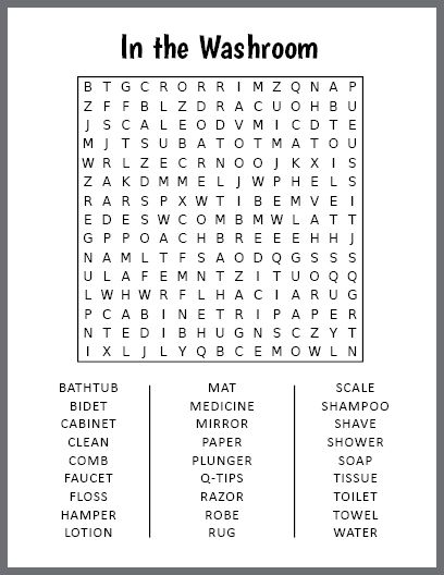 Free Printable In the Washroom Word Search Large Print Word Searches For Seniors, Large Print Word Search, Kids Word Search, Word Search Puzzles Printables, English Lesson Plans, Number Puzzles, Word Search Puzzles, Word Searches, Hidden Pictures