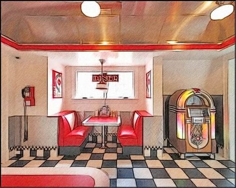 The AG Minis of SNICKERDOODLE STREET: 1950s Diner Furniture - Resource 50s Bedroom Ideas, 1950 Diner, 50s Diner Kitchen, 50s Bedroom, 1950s Diner, Retro Lounge, 50s Diner, Diner Decor, American Graffiti