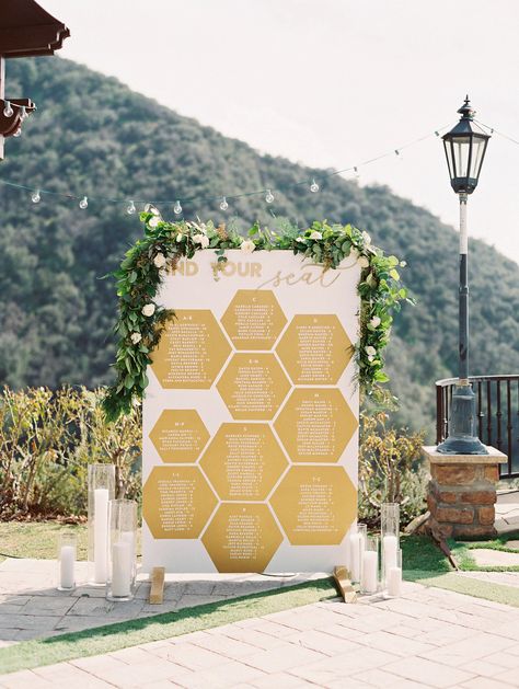 Bee Seating Chart, Honey Seating Chart, Hexagon Sign, Honeycomb Wedding, Wedding Seating Chart Display, Serendipity Garden Weddings, Pnina Tornai Wedding Dress, Sophia Amoruso, Hexagon Wedding