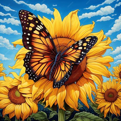 Premium Photo | Painting of a butterfly on a sunflower with a blue sky in the background generative ai Butterfly With Sunflower, Butterfly On Sunflower, Butterfly Sunflower, Sunflower Illustration, Butterfly Images, Sunflower Shirt, Blue Sky Background, Painting Photos, A Butterfly