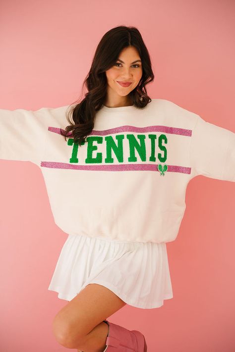 TENNIS | Judith March Varsity Letters, Tennis Outfit, Judith March, Tennis Rackets, Varsity Letter, Tennis Clubs, Bachelorette Party Themes, Tennis Clothes, Pink Rhinestones