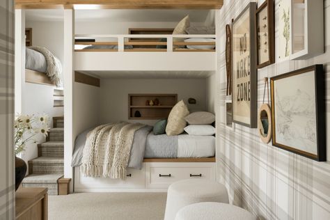 The playful lake house aesthetic in Tahoe Pines. Lake House Bunk Rooms, The Mcgee Home, Built In Lockers, Custom Bunk Beds, Paint Guide, Inset Cabinetry, Mcgee Home, Bunk Rooms, Vintage Style Rugs