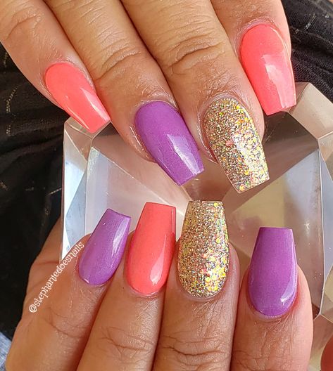 Purple And Coral Nails, Peach And Purple Nails, Orange And Purple Nails, Purple And Orange Nails, Sns Nails Designs, Coral And Purple, Nail Bling, Violet Nails, Feather Nails