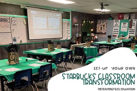 Coffee Classroom, Rock Your School, Test Prep Fun, Starbucks Locations, Classroom Decor High School, Green Tablecloth, Classroom Transformation, Hawaiian Decor, Ela Teacher