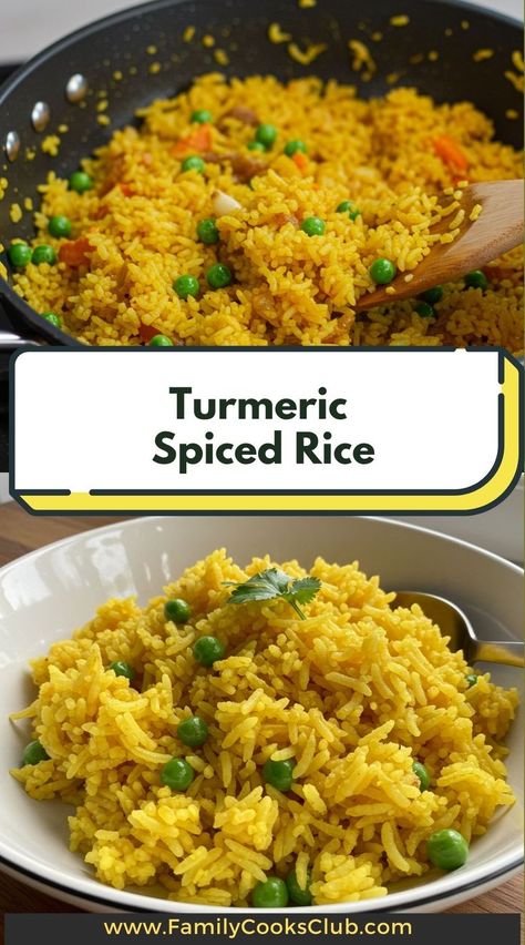 Craving a flavorful, vibrant rice dish? This Turmeric Spiced Rice is infused with aromatic spices and a golden hue, offering a perfect complement to any main course. Try the recipe for a colorful and healthy side! Turmeric Rice, Spiced Rice, Gluten Free Rice, Rice Dish, Healthy Side, Healthy Sides, Green Peas, Basmati Rice, Indian Dishes