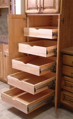 Diy Kitchen Drawer Ideas, Custom Kitchen Remodel, Kitchen Ikea, Built In Pantry, Kitchen Storage Space, Pantry Storage Cabinet, Oak Kitchen Cabinets, Small Pantry, Diy Drawers