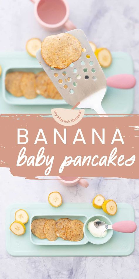 These three-ingredient baby banana pancakes are perfect for baby-led weaning, nutritious, no-added sugar and soft. Baby Banana Pancakes, Gluten Free Baby Food, Banana Pancakes Baby, Banana Oatmeal Pancakes For Baby, Bana Pancakes, Banana Pancakes For Baby, Three Ingredient Pancakes, Banana Avocado Pancakes Baby, Banana Oat Pancakes Baby