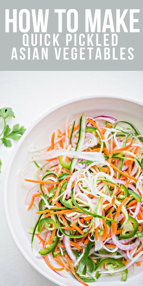 This quick pickled vegetables recipe is so easy - no cooking required! These Vietnamese Bahn Mi inspired vegetables are a great addition to sandwiches, lettuce wraps, and more. Come learn how simple it is to make these quick and easy Asian pickles. Quick Pickled Veggies For Bahn Mi, Pickled Bahn Mi Vegetables, Bahn Mi Vegetables, Thai Pickled Vegetables, Pickled Veggies For Bahn Mi, Bahn Mi Pickled Vegetables, Asian Pickled Vegetables, Vietnamese Pickles, Vietnamese Bahn Mi