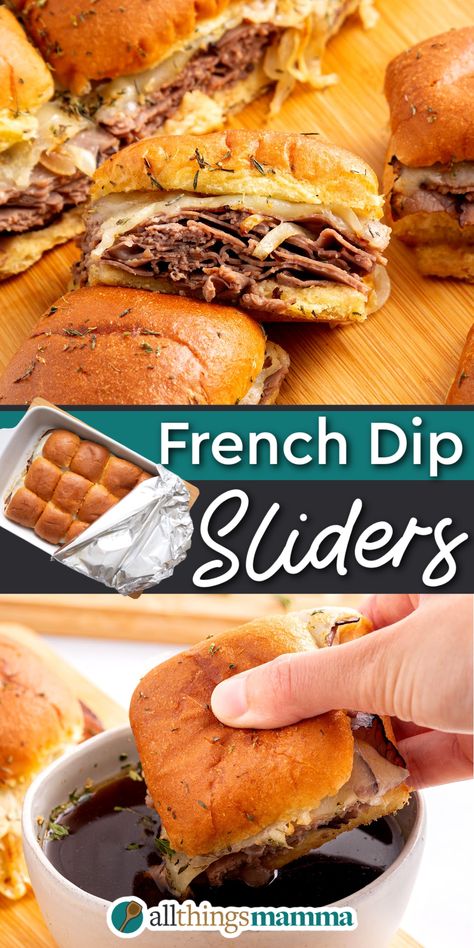 French Dip Sliders 2-image collage Roast Beef French Dip, Roast Beef Sliders Recipes, Roast Beef Au Jus, Rolled Roast Beef, Horseradish Mayo, French Dip Sliders, Sliders Recipes Beef, Beef Au Jus, Sliders Recipes Hawaiian Rolls