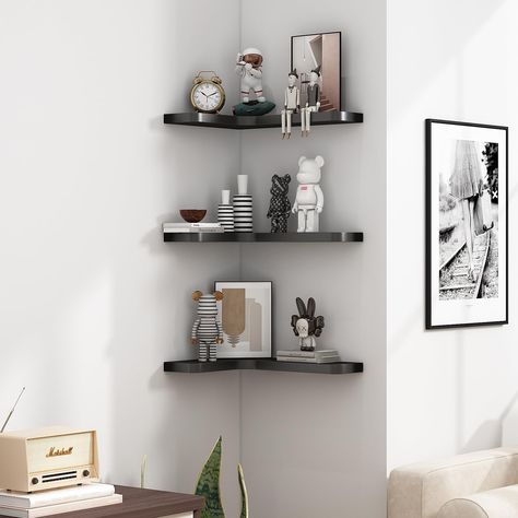 PRICES MAY VARY. 【Creative Corner Storage Shelves】 Perfect combination of floating and corner shelves. You can make full use of the blank corners in your room to increase more storage space, and Corner Display Shelf can make your room organized, neat, clean, and more ornamental. 【Durable & Sturdy Corner Floating Shelves】Made of Thick high-quality Paulownia Wood, these floating corner shelves are lightweight yet sturdy enough to hold your favorite items. They won't add too much burden to the wall Shelf Interior Design, Kitchen Floating Shelf, Room Shelf Ideas, Corner Shelf Decor, Black Corner Shelf, Floating Shelf Ideas, Styles Interior Design, Corner Storage Shelves, Wall Mounted Storage Shelves