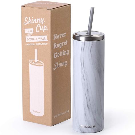 Free 2-day shipping. Buy Cupture Stainless Steel Skinny Insulated Tumbler Cup with Lid and Reusable Straw - 16 oz (White Marble) at Walmart.com Trendy Water Bottles, College Care Package, Double Wall Tumblers, Cup With Lid, Cup With Straw, Starbucks Iced Coffee Bottle, Reusable Straw, Care Package, Coffee Bottle