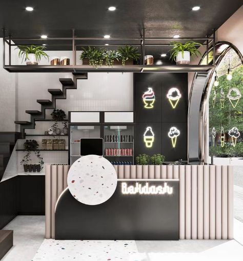 Attractive Black Style Ice cream Store Interior Table & Chairs Design Table Chairs Design, Beautiful Ice Cream, Shop Front Signs, Ice Cream Store, Shoe Store Design, Ice Cream Shops, Chairs Design, Jewelry Store Design, Coffee Shop Bar