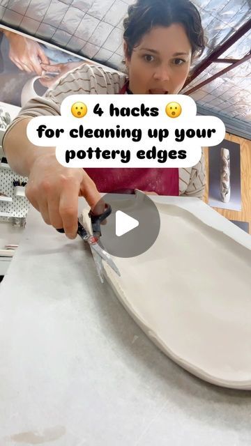 Danica Rediscover Ceramics on Instagram: "4 Simple pottery hacks for cleaning up edges. 
Bonus tips-
*Make sure your clay is leather hard before proper clean up (like cheddar cheese firm- not soft Bri cheese 😆)
* Keep your tools clean and sharp (yes it will blunt your good scissors so don’t use them)
*There are fancy versions of all of the tools used, these are the budget friendly versions. They work fine for these processes. 

Comment your favourite tool/ hack for pottery clean up. 

#ceramicprocess #potterytools #potterytutorial #claytools #ceramicstudio #ceramictools #potteryhacks #clayhacks #handbuildingpottery" Clay Tricks And Tips, Bri Cheese, Pottery Hacks, Simple Pottery, Best Scissors, Ceramic Tools, Pottery Tools, Clay Tools, Ceramic Studio