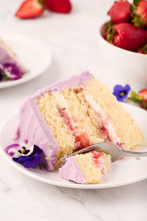 This Strawberry Lavender Cake is a delightful spring and summer cake. Fresh strawberries, lemon, floral lavender, and a gorgeous buttercream. Lavender Cake Recipe, Lavender Frosting, Rose Frosting, Chocolate Marshmallow Cake, Strawberry Lavender, Mascarpone Filling, Marshmallow Cake, Lavender Cake, Buttermilk Cake