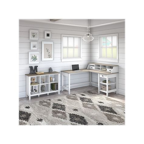 Shop Staples for Bush Furniture Mayfield 60" L-Shaped Computer Desk with Desktop Organizer and 6-Cube Bookcase, Pure White/Gray (MAY013GW2) and enjoy fast and free shipping on qualifying orders. L Shaped Computer Desk, Modern Farmhouse Furniture, Office Furniture Sets, Computer Books, Cube Bookcase, 200 Pounds, Desktop Organizer, Office Set, L Shaped Desk