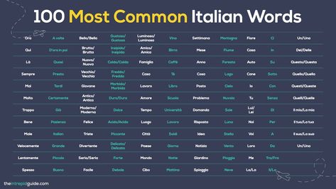 TOP 100 Most Common Italian Words + 📚 FREE PDF & Quiz - The Intrepid Guide Words In Italian, Italian Pronunciation, Speak Italian, She Is, Stop Trying, Italian Words, Word Free, Ate Too Much, Learning Italian