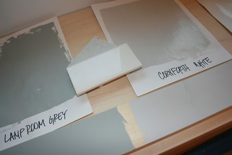 The color on the right is Farrow and Ball Cornforth White which looks amazing with Carrera marble Farrow And Ball Lamp Room Grey, Cornforth White Living Room, Lamp Room Grey, Shades Of Grey Paint, Perfect Grey Paint, Cornforth White, Inchyra Blue, Lamp Room, Colour Study