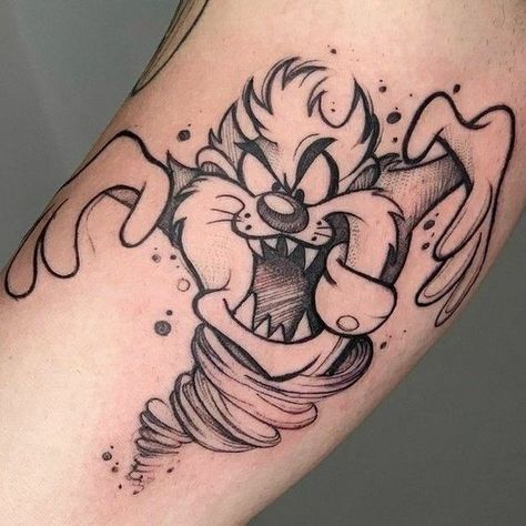 Taz Cartoon Tattoo, Small Cartoon Tattoos, Tattoo Ideas Cartoon, Cartoon Tattoos For Men, Bugs Bunny Tattoo, 1995 Tattoo, Cartoon Tattoo Designs, Taz Tattoo, Cartoon Tattoo Ideas