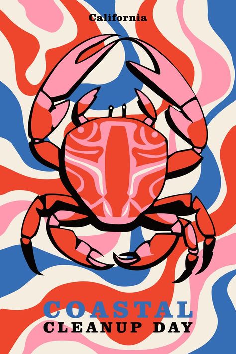 Crab Painting, Crab Art, Crab Print, Motion Graphics Inspiration, California Coastal, Statement Art, Nautical Wall, Tropical Design, Packaging Ideas