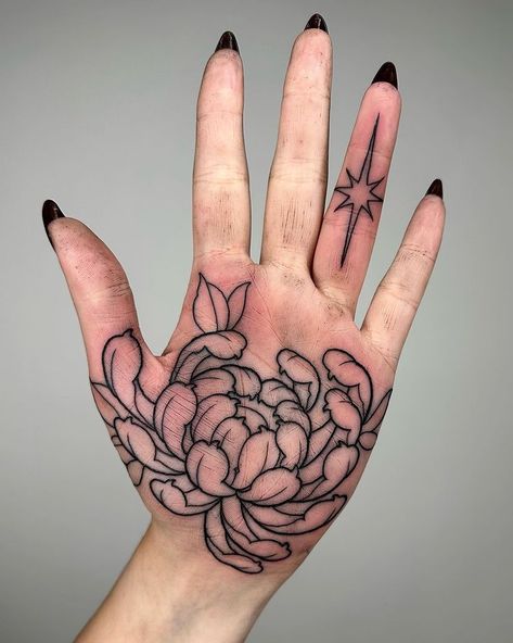 Palm Size Tattoos Ideas, Hand Palm Tattoos, Palm Size Tattoos, Chrysanthemum Tattoo, Palm Tattoos, Western Tattoos, Hand Tats, Skeleton Hand Tattoo, Tattoo Portfolio