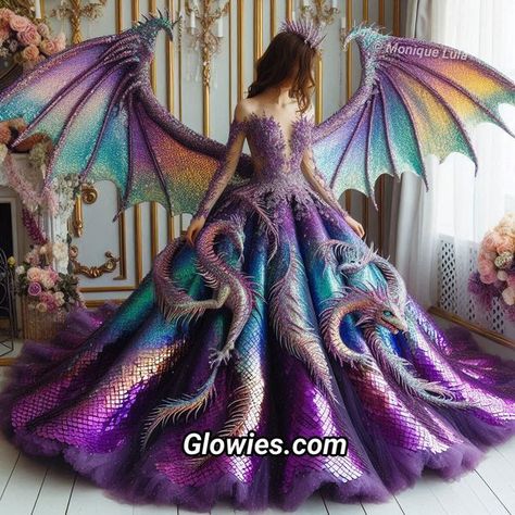 Mystical Crochet, Gown With Wings, Whimsical Clothing, Monique Lula, Bride Wedding Dress, Gold Gown, Fantasy Dresses, Art Clothing, Dragon Rider