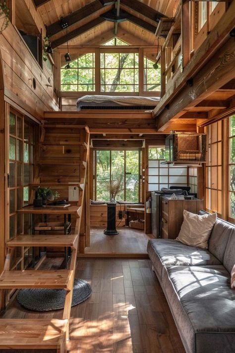 Tiny Loft House, Small Wood Cabin, Japanese Style Tiny House, Japanese Tiny House, Nordic Home Design, Diy Tiny House Plans, Tiny House Designs, Tiny Loft, Small Living Spaces