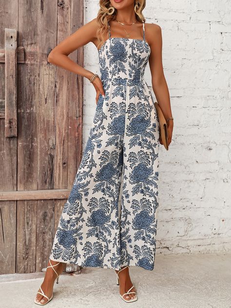 Blue and White Boho Collar Sleeveless Woven Fabric Floral,All Over Print Cami Embellished Non-Stretch  Women Clothing Fashion Blouses, Cami Jumpsuit, Tops Fashion, Fabric Floral, Women Tops, All Over Print, Women Clothing, Woven Fabric, Floral Print