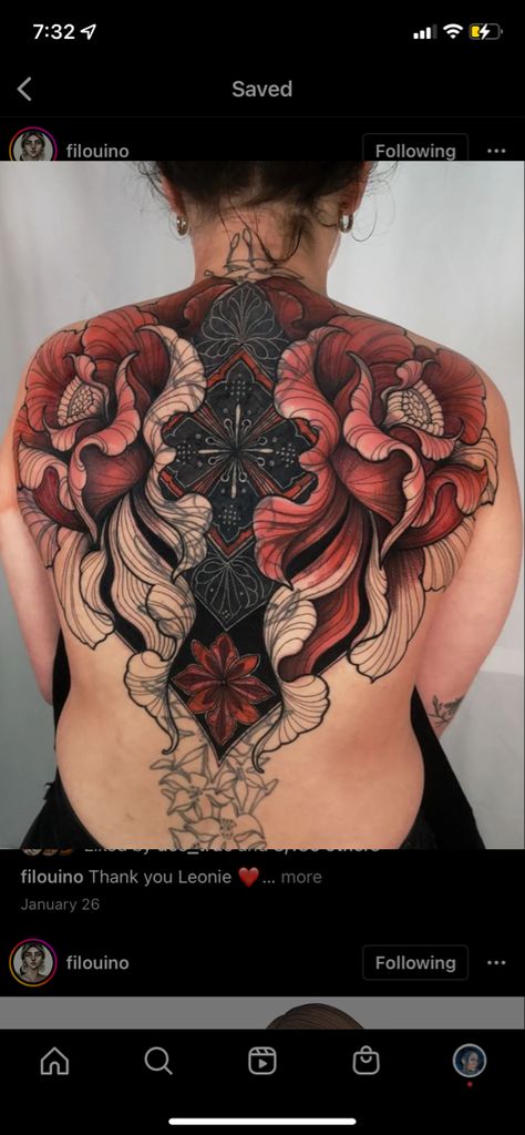 Full Body Piece Tattoo, Black And White Realistic Tattoos, Tattoos For Women Full Body Ink, Neotrad Back Piece, Full Back Tattoo Women Color, Ornamental Tattoo Color, Back Tattoo Women Colorful, Neo Ornamental Tattoo, Neo Trad Back Tattoo