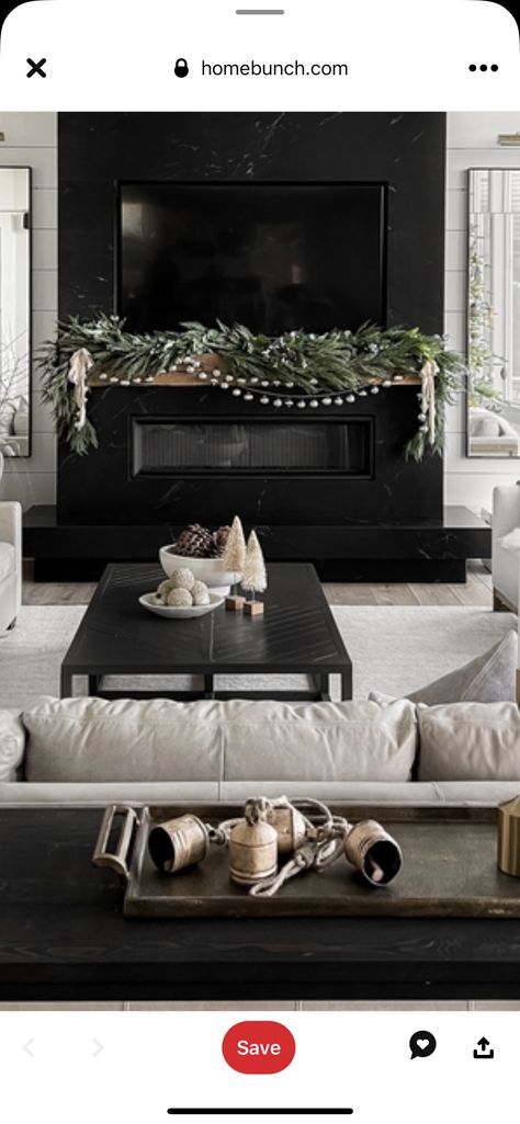 Jenna Pierce Home Decor Christmas, Christmas Fireplace With Tv, Black Fireplace Christmas Decor, Black Fireplace Christmas, Black Fireplace Mantel, Black Fireplace, Christmas Fireplace Decor, Cabin Christmas, Christmas Living Rooms