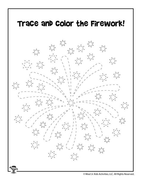 Fireworks July 4th Tracing Worksheet | Woo! Jr. Kids Activities : Children's Publishing 4th Of July Worksheets, Preschool Lesson Plans Themes, July Worksheets, Memorial Day Activities, Patriotic Activities, Fourth Of July Crafts For Kids, Trace And Color, Birthday Boards, History Worksheets